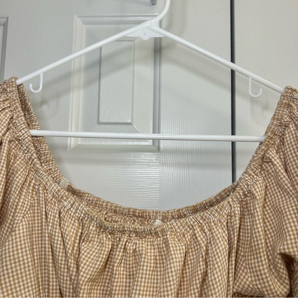 Japna Tan Check Puff Sleeve Elastic Waist Praire Cottagecore Off Shoulder Top L - Picture 4 of 14